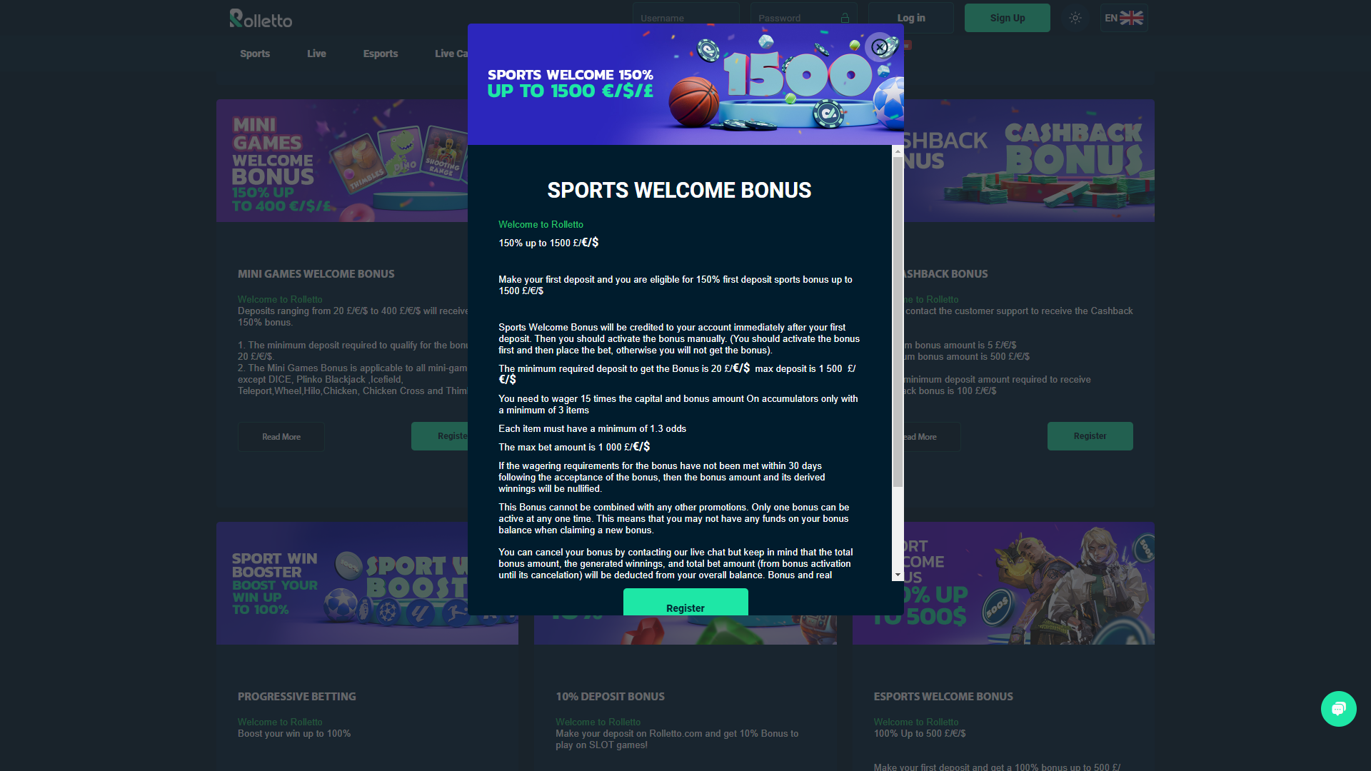 Rolletto Sportsbook Welcome Bonus