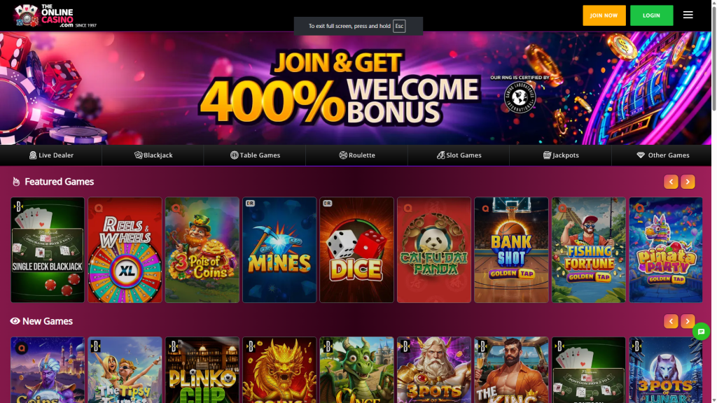 theonlinecasino home page